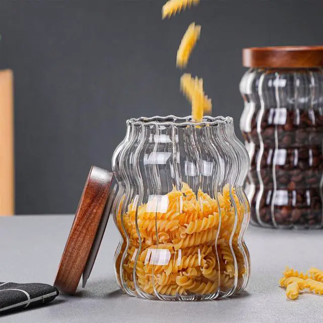 Alt view image 4 of 7 - Glass Food Storage Container Jar with Airtight Seal Acacia Wood Lids Kitchen Clear Glass canister Coffee, Bean,Tea,Spice Containers Sugar,Cookies,Nuts,Snack,Candy Jar