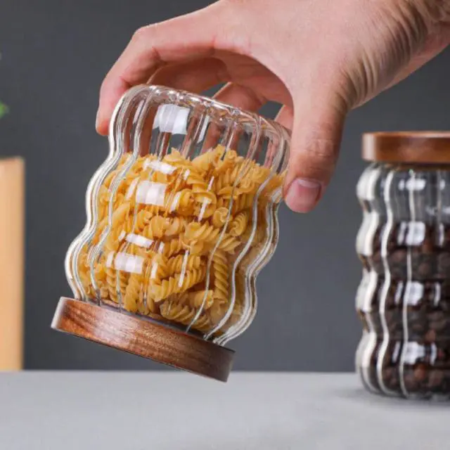 Alt view image 5 of 7 - Glass Food Storage Container Jar with Airtight Seal Acacia Wood Lids Kitchen Clear Glass canister Coffee, Bean,Tea,Spice Containers Sugar,Cookies,Nuts,Snack,Candy Jar