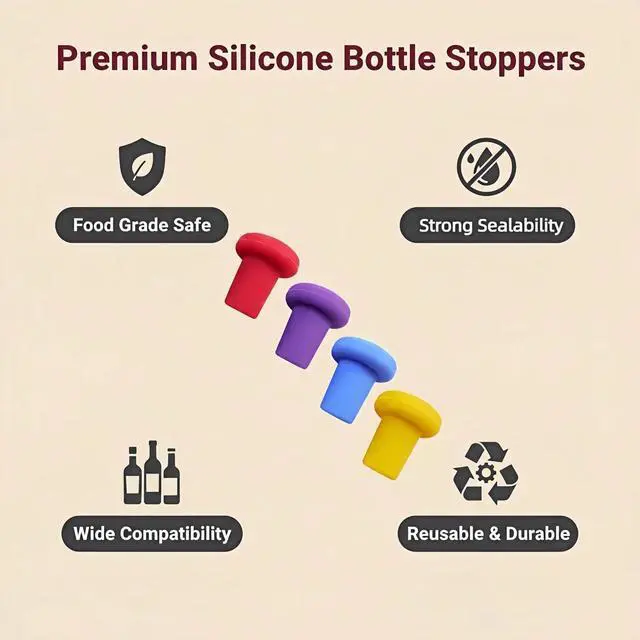 Alt view image 6 of 7 - Reusable Silicone Wine Stoppers, 4 Pack Airtight Leak-Proof Bottle Sealer for Champagne Beer Wine Whiskey Olive Oil VinegarFood Grade Silicone