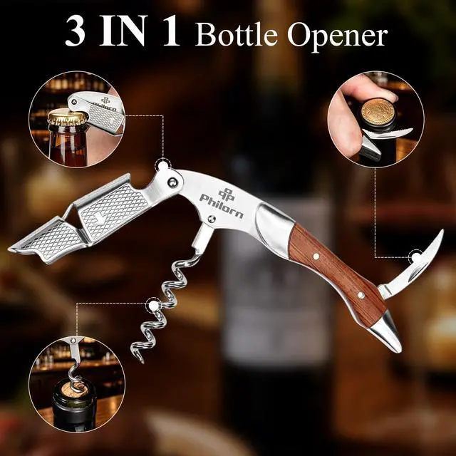 Alt view image 2 of 6 - Wine Opener Professional Manual Wine Key for Servers | Corkscrew Wine Opener with Foil Cutter & Cap Remover, Bartenders, Waiters & Home Use, Rosewood Handle Wine Bottle Opener