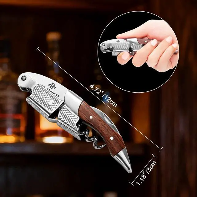 Alt view image 3 of 6 - Wine Opener Professional Manual Wine Key for Servers | Corkscrew Wine Opener with Foil Cutter & Cap Remover, Bartenders, Waiters & Home Use, Rosewood Handle Wine Bottle Opener