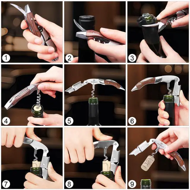 Alt view image 4 of 6 - Wine Opener Professional Manual Wine Key for Servers | Corkscrew Wine Opener with Foil Cutter & Cap Remover, Bartenders, Waiters & Home Use, Rosewood Handle Wine Bottle Opener