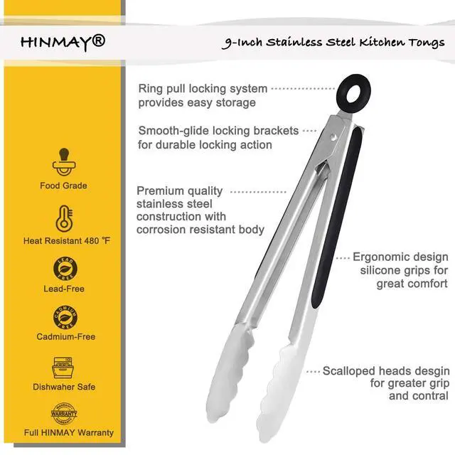 Alt view image 2 of 6 - Stainless Steel Kitchen Tongs 9-Inch Cooking Tongs, Set of 3