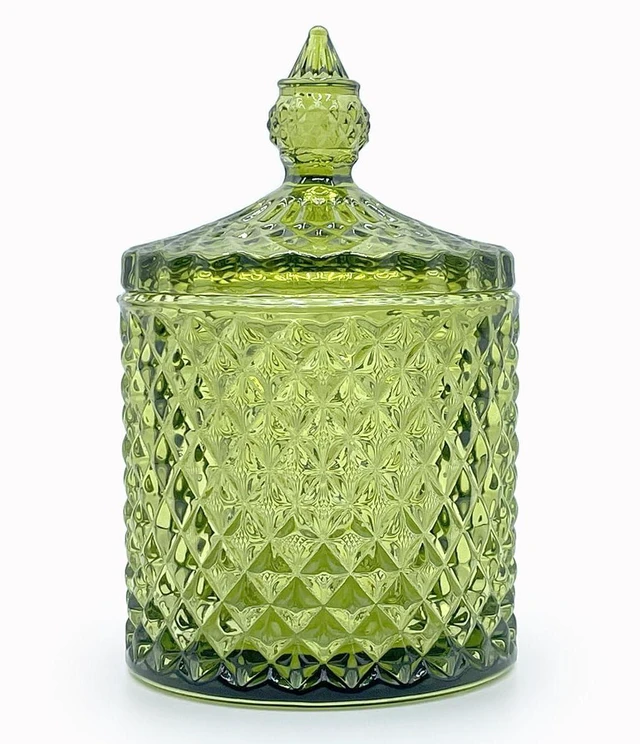 Main image of 10 oz Olive Green Glass Candy Dish with Lid-Decorative Display Jar for Q-Tip Holder,Cotton Swab Storage,Bathroom Vanity Organizer,Home Office Decor