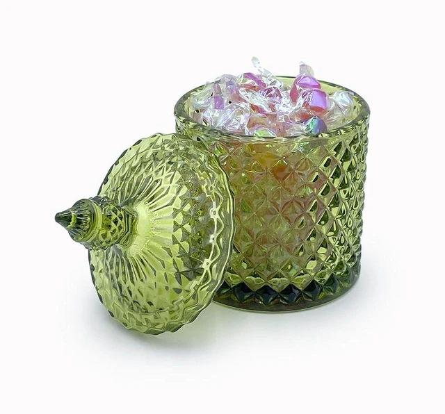 Alt view image 2 of 7 - 10 oz Olive Green Glass Candy Dish with Lid-Decorative Display Jar for Q-Tip Holder,Cotton Swab Storage,Bathroom Vanity Organizer,Home Office Decor