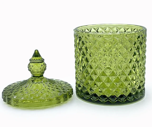 Alt view image 4 of 7 - 10 oz Olive Green Glass Candy Dish with Lid-Decorative Display Jar for Q-Tip Holder,Cotton Swab Storage,Bathroom Vanity Organizer,Home Office Decor