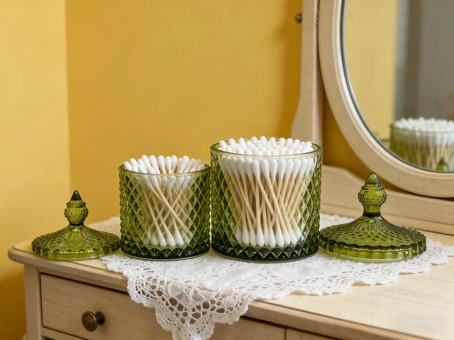 Alt view image 6 of 7 - 10 oz Olive Green Glass Candy Dish with Lid-Decorative Display Jar for Q-Tip Holder,Cotton Swab Storage,Bathroom Vanity Organizer,Home Office Decor