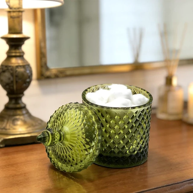Alt view image 5 of 7 - 10 oz Olive Green Glass Candy Dish with Lid-Decorative Display Jar for Q-Tip Holder,Cotton Swab Storage,Bathroom Vanity Organizer,Home Office Decor