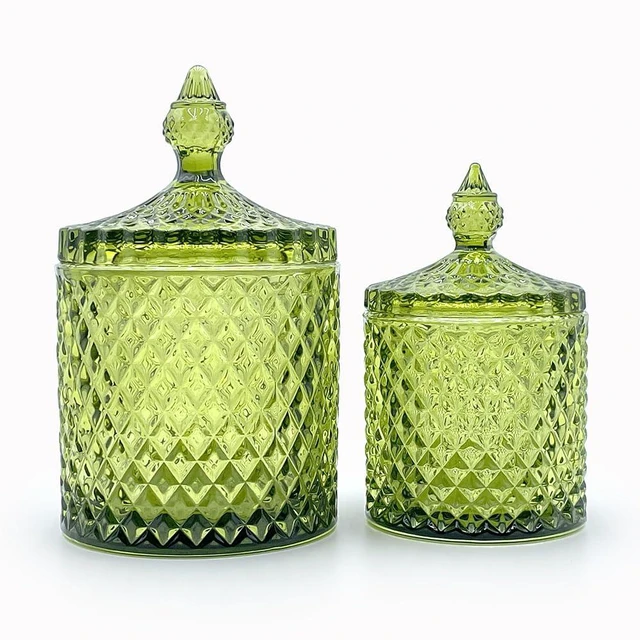 Alt view image 7 of 7 - 10 oz Olive Green Glass Candy Dish with Lid-Decorative Display Jar for Q-Tip Holder,Cotton Swab Storage,Bathroom Vanity Organizer,Home Office Decor