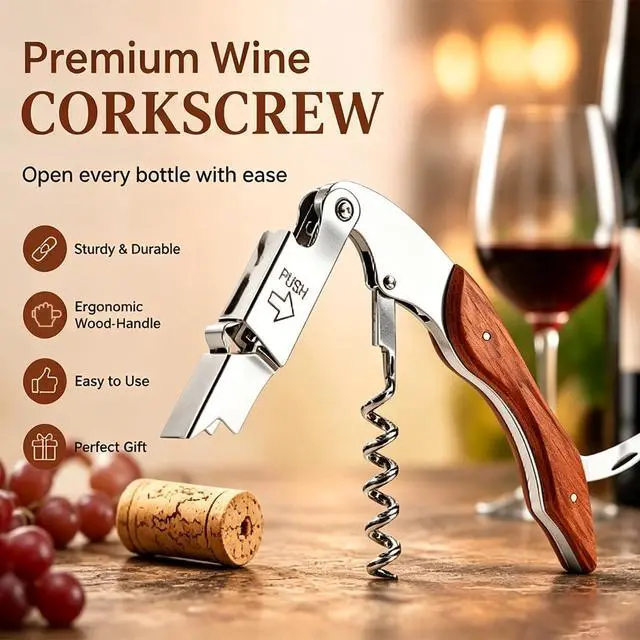 Alt view image 3 of 7 - Waiter Corkscrew Wine Opener, Berglander Professional Wine Key for Servers, Hevay Duty Bartender with Foil Cutter, Manual Wine Bottle Opener, Wood Handle Comfortable, Ergonomic Grip