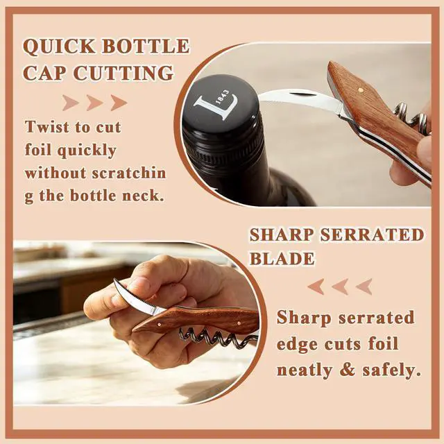 Alt view image 5 of 7 - Waiter Corkscrew Wine Opener, Berglander Professional Wine Key for Servers, Hevay Duty Bartender with Foil Cutter, Manual Wine Bottle Opener, Wood Handle Comfortable, Ergonomic Grip