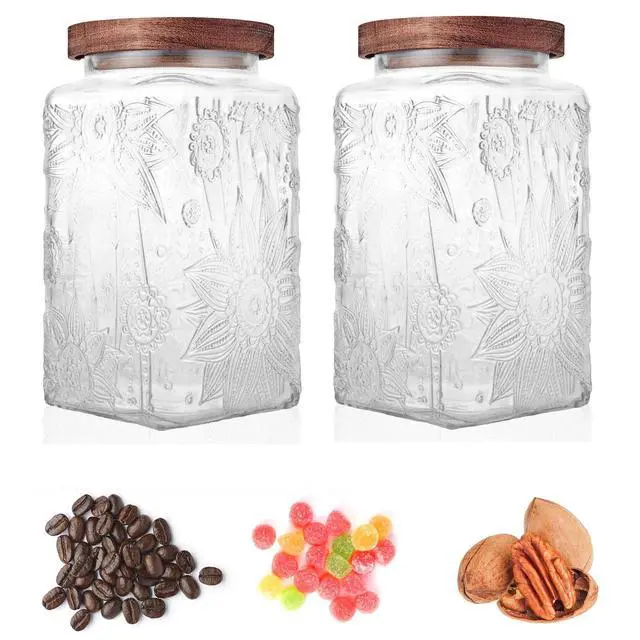 Alt view image 2 of 7 - Glass Storage Jars With Airtight Lid, 35oz Container For Kitchen Counter with Wood Lid, brown sugar, candy, coffee, cookie, salt, tea, cute Jar (Large Square Sunflower)