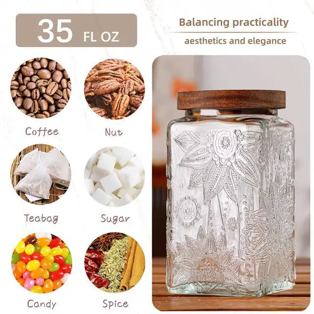 Alt view image 4 of 7 - Glass Storage Jars With Airtight Lid, 35oz Container For Kitchen Counter with Wood Lid, brown sugar, candy, coffee, cookie, salt, tea, cute Jar (Large Square Sunflower)