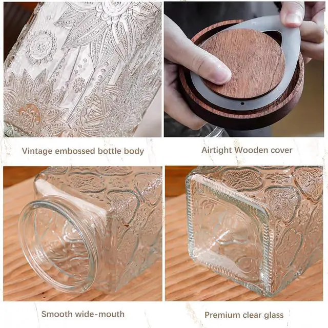 Alt view image 5 of 7 - Glass Storage Jars With Airtight Lid, 35oz Container For Kitchen Counter with Wood Lid, brown sugar, candy, coffee, cookie, salt, tea, cute Jar (Large Square Sunflower)