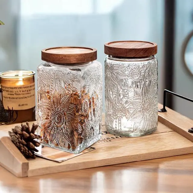 Alt view image 6 of 7 - Glass Storage Jars With Airtight Lid, 35oz Container For Kitchen Counter with Wood Lid, brown sugar, candy, coffee, cookie, salt, tea, cute Jar (Large Square Sunflower)