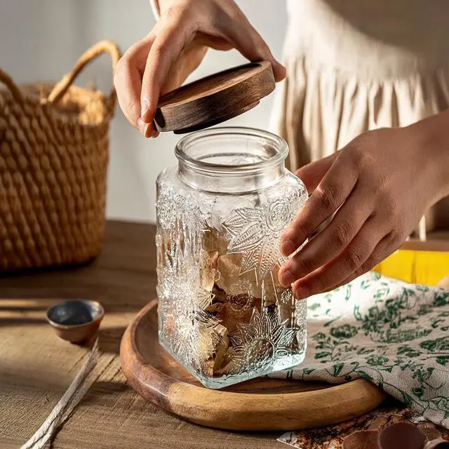 Alt view image 7 of 7 - Glass Storage Jars With Airtight Lid, 35oz Container For Kitchen Counter with Wood Lid, brown sugar, candy, coffee, cookie, salt, tea, cute Jar (Large Square Sunflower)