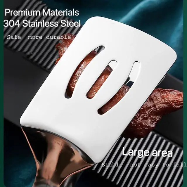 Alt view image 4 of 5 - Anti-Scald Extended Handle Spatula Tongs 11.6 Inch Multifunctional Stainless Steel Cooking Tongs Food Shovel Clamp for Flipping Steak Fish Bread Hamburger BBQ Frying Pancake Pies Pizza