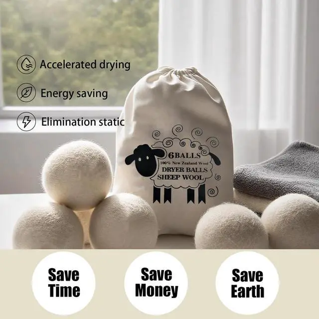 Alt view image 2 of 7 - 6 Pack Wool Dryer Balls, White, 2.75 in/7 cm