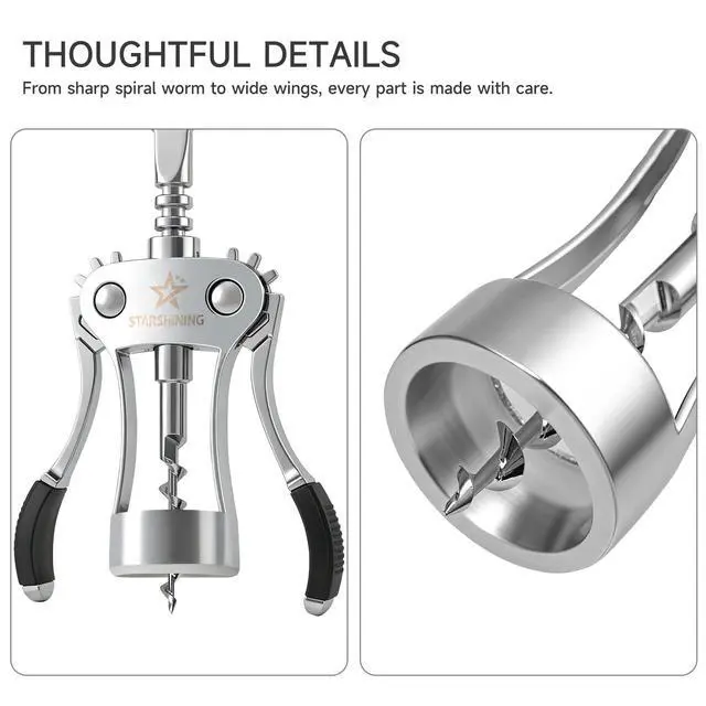 Alt view image 3 of 7 - Heavy Duty Wing Corkscrew Wine Opener Polished Silver | Premium Zinc Alloy Manual Bottle Opener with Ergo Handles, Reliable Sommelier Cork Remover for Wine Bottles