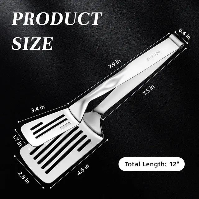 Alt view image 3 of 7 - Durable 304 Stainless Steel Spatula Tongs, Rust-Proof 2-in-1 Cooking Tongs for High Heat, Solid One-Piece Design Food Turner, Professional Kitchen Essential