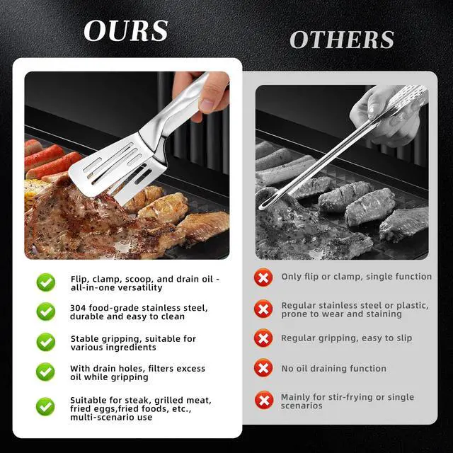 Alt view image 4 of 7 - Durable 304 Stainless Steel Spatula Tongs, Rust-Proof 2-in-1 Cooking Tongs for High Heat, Solid One-Piece Design Food Turner, Professional Kitchen Essential