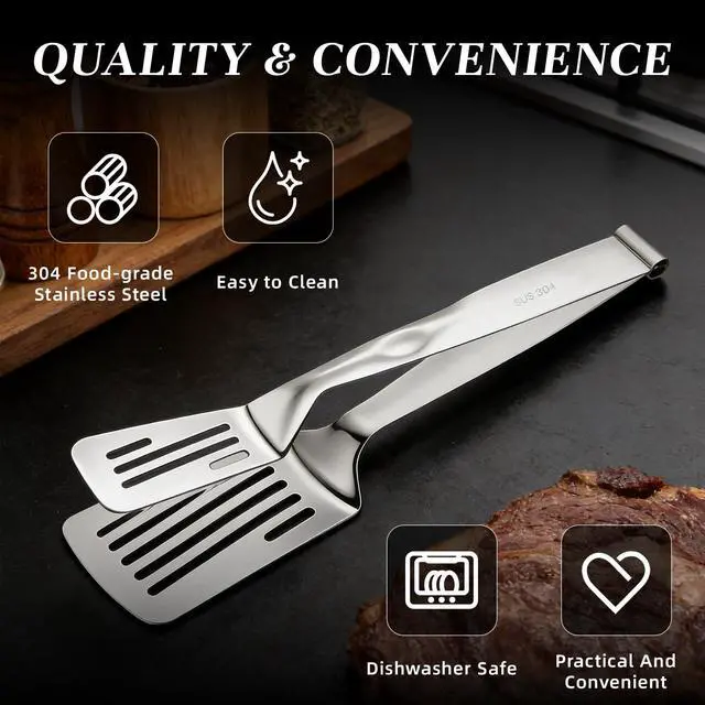 Alt view image 5 of 7 - Durable 304 Stainless Steel Spatula Tongs, Rust-Proof 2-in-1 Cooking Tongs for High Heat, Solid One-Piece Design Food Turner, Professional Kitchen Essential