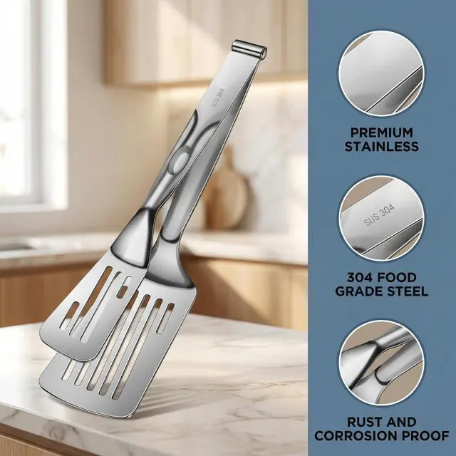 Alt view image 7 of 7 - Durable 304 Stainless Steel Spatula Tongs, Rust-Proof 2-in-1 Cooking Tongs for High Heat, Solid One-Piece Design Food Turner, Professional Kitchen Essential
