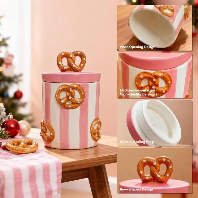 Alt view image 4 of 7 - Christmas Cookie Jars with Lid Airtight, 19.5 OZ Xmas Food Storage Containers, Hand Painted Pretzel Kitchen Canisters for Countertop, Home Decor for Coffee, Sugar, Tea, Flour577ml