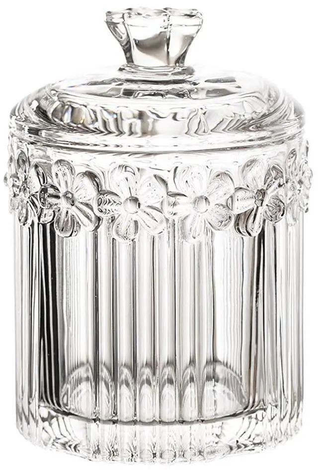 Main image of Floral Crystal Glass Relief Flower Candy Dish Swab Box Storage Jar with Lid, 5x3.5 inches, 8 oz, 1 Count