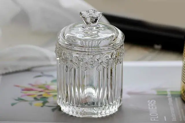 Alt view image 6 of 7 - Floral Crystal Glass Relief Flower Candy Dish Swab Box Storage Jar with Lid, 5x3.5 inches, 8 oz, 1 Count