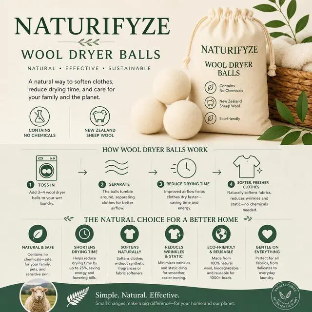 Alt view image 3 of 7 - Wool Dryer Balls - 100% New Zealand Sheep Wool - Natural Fabric Softening, Reduces Clothing Wrinkles (6 Pack)