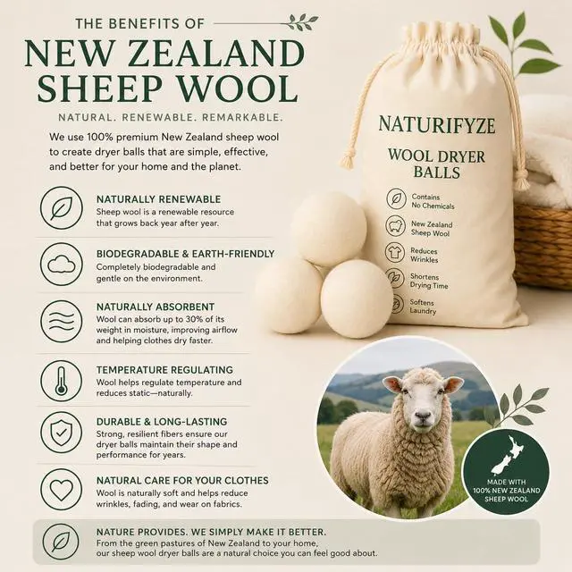 Alt view image 5 of 7 - Wool Dryer Balls - 100% New Zealand Sheep Wool - Natural Fabric Softening, Reduces Clothing Wrinkles (6 Pack)