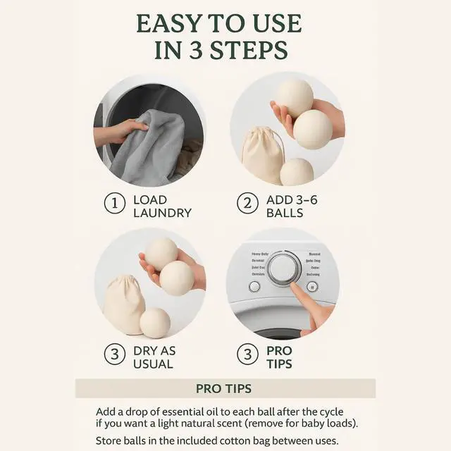 Alt view image 7 of 7 - Wool Dryer Balls - 100% New Zealand Sheep Wool - Natural Fabric Softening, Reduces Clothing Wrinkles (6 Pack)