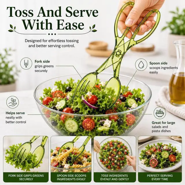Alt view image 4 of 6 - Salad Tong, Hinged Design, Detachable Fork and Spoon Green
