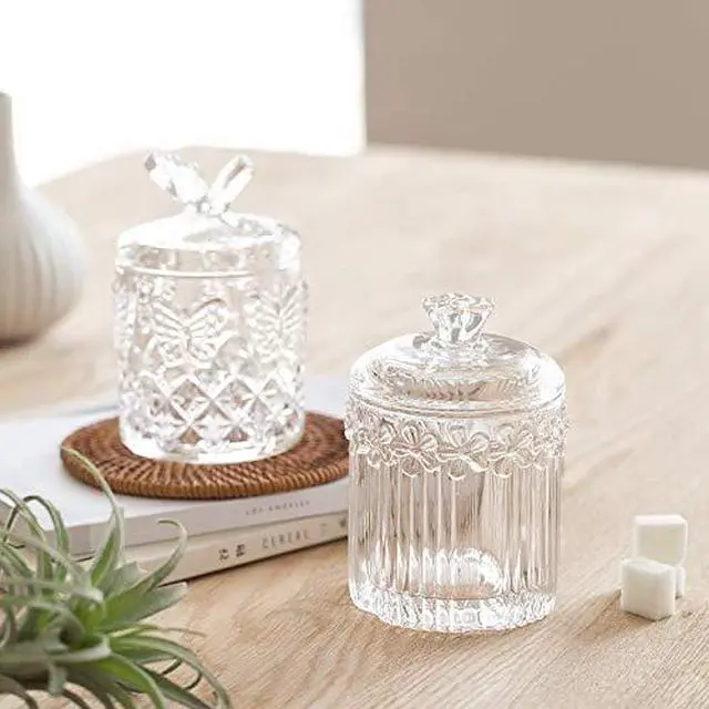Alt view image 5 of 7 - Floral Crystal Glass Relief Flower Candy Dish Swab Box Storage Jar with Lid, 5x3.5 inches, 8 oz, 1 Count