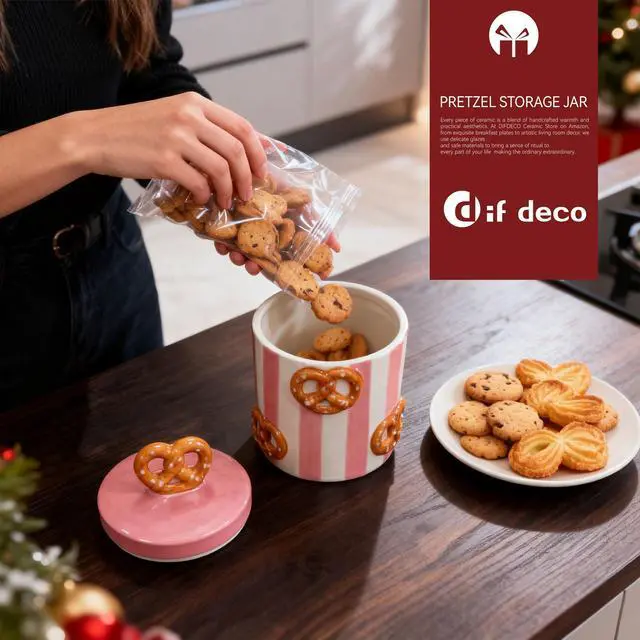 Alt view image 5 of 7 - Christmas Cookie Jars with Lid Airtight, 19.5 OZ Xmas Food Storage Containers, Hand Painted Pretzel Kitchen Canisters for Countertop, Home Decor for Coffee, Sugar, Tea, Flour577ml