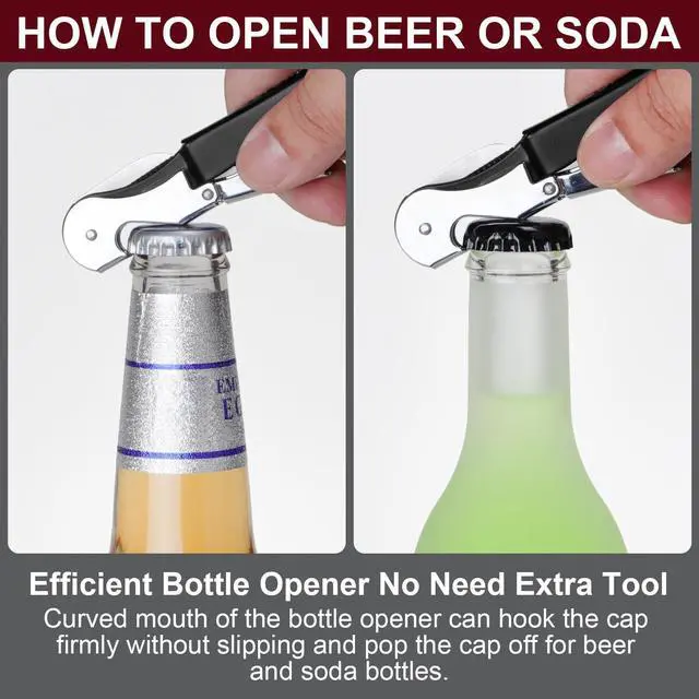 Alt view image 4 of 6 - Professional Heavy Duty Wine Opener, Compact and Foldable Wine Key, Strength Stainless Steel corkscrew, Double Hinged, Foil Cutter, Ideal Tools for Servers, Bartenders, Sommelier (Black).