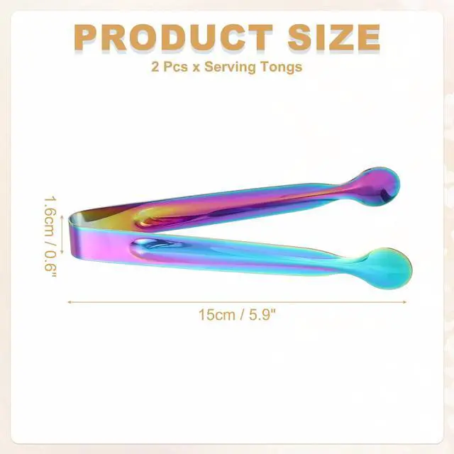 Alt view image 2 of 6 - 2pcs Serving Tongs, 5.9 Inch Stainless Steel Kitchen Tongs Cooking Utensils for Salad, Ice, Bread, Fruit, Barbecue, Rainbow