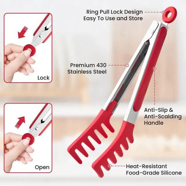 Alt view image 3 of 7 - 2 PCS Pasta Tong Spaghetti Tongs, 9" & 12-Inch Heat Resistant Pasta Tongs
