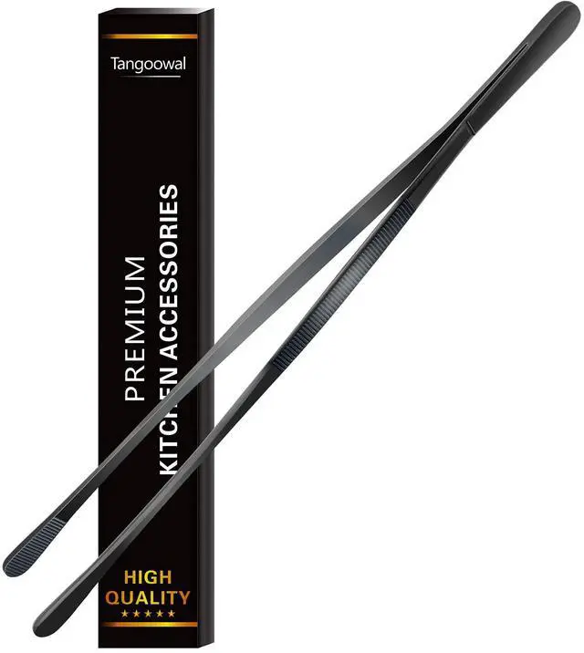 Main image of 12-Inch Professional Kitchen & Cooking Tweezers Tongs - Stainless Steel Long Tweezer Tongs - Black Coated - BBQ,Plating,Multi-use