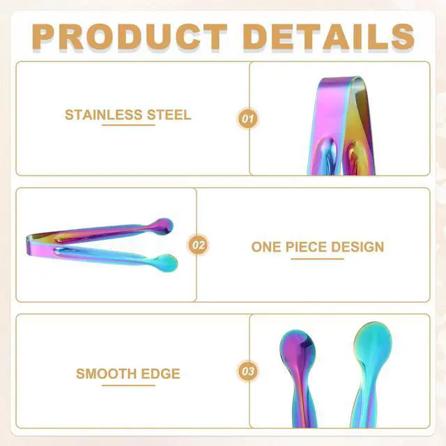 Alt view image 3 of 6 - 2pcs Serving Tongs, 5.9 Inch Stainless Steel Kitchen Tongs Cooking Utensils for Salad, Ice, Bread, Fruit, Barbecue, Rainbow