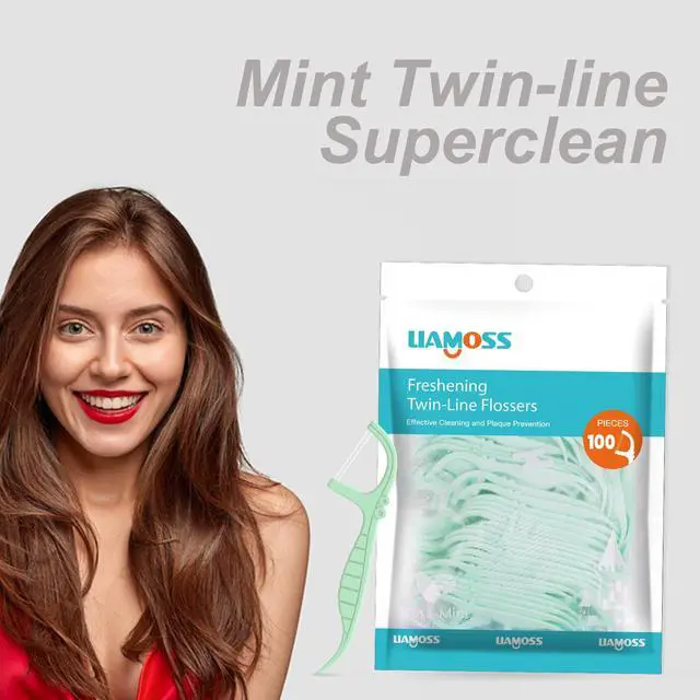 Alt view image 2 of 7 - Twin-Line Dental Flossers,100 Count Mint Flavor Dental Floss Picks,LIAMOSS Dual Action for Super Cleanup Teeth in Less Than Two Minutes,Unbreakable & No-Shred Toothpicks Sticks