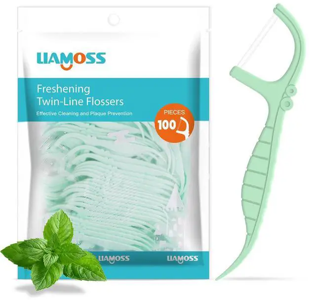Main image of Twin-Line Dental Flossers,100 Count Mint Flavor Dental Floss Picks,LIAMOSS Dual Action for Super Cleanup Teeth in Less Than Two Minutes,Unbreakable & No-Shred Toothpicks Sticks