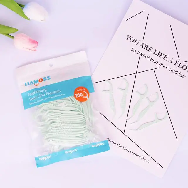 Alt view image 7 of 7 - Twin-Line Dental Flossers,100 Count Mint Flavor Dental Floss Picks,LIAMOSS Dual Action for Super Cleanup Teeth in Less Than Two Minutes,Unbreakable & No-Shred Toothpicks Sticks