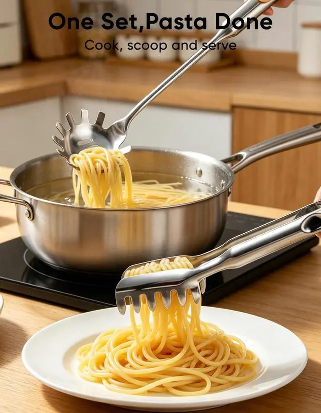 Alt view image 2 of 6 - Spaghetti Spoon & Pasta Tongs Set, 2-Piece Stainless Steel Pasta Server