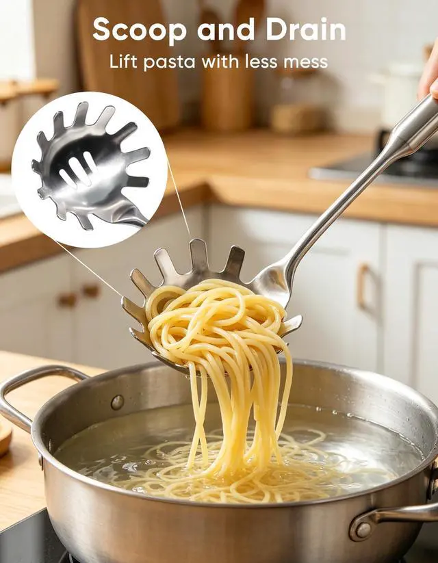 Alt view image 3 of 6 - Spaghetti Spoon & Pasta Tongs Set, 2-Piece Stainless Steel Pasta Server