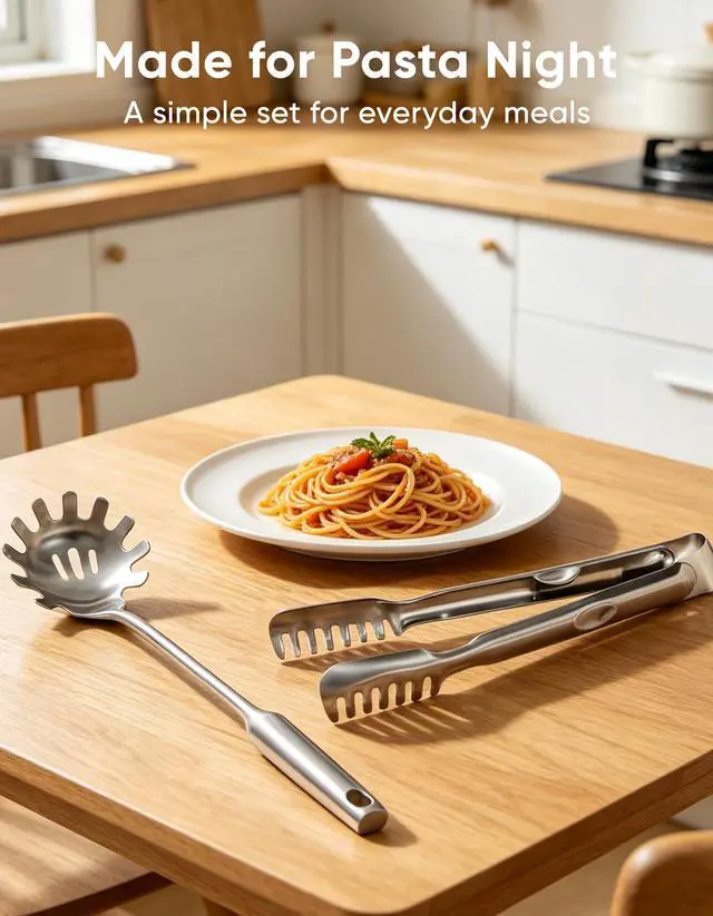 Alt view image 5 of 6 - Spaghetti Spoon & Pasta Tongs Set, 2-Piece Stainless Steel Pasta Server