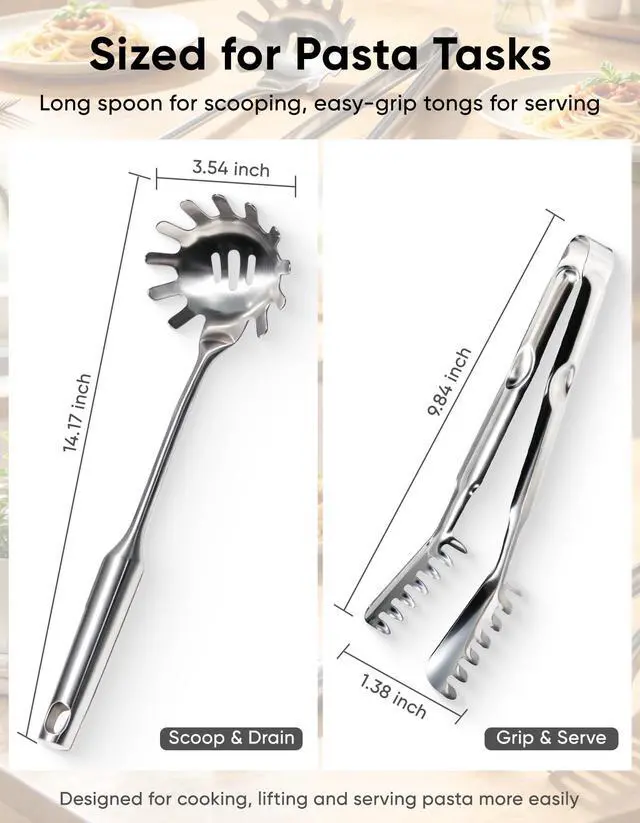Alt view image 6 of 6 - Spaghetti Spoon & Pasta Tongs Set, 2-Piece Stainless Steel Pasta Server