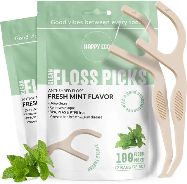 Main image of Dental Floss Picks for Teeth (100ct) - Single Thread Tooth Picks Flossers for Adults, Toothpicks Floss, Vegan Corn-Straw Handle, Shred-Resistant String for Interdental Oral Care & Gum Health, Mint