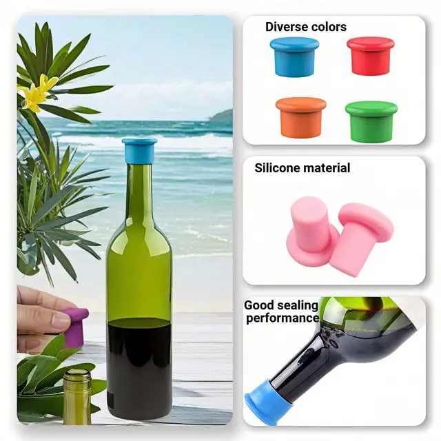 Alt view image 7 of 7 - 8-Pack Vibrant Silicone Wine Stoppers - Reusable, Airtight Champagne & Beer Bottle Sealer - Leakproof Beverage Savers for Wine, Sparkling Drinks, Soda (Multi-Color)